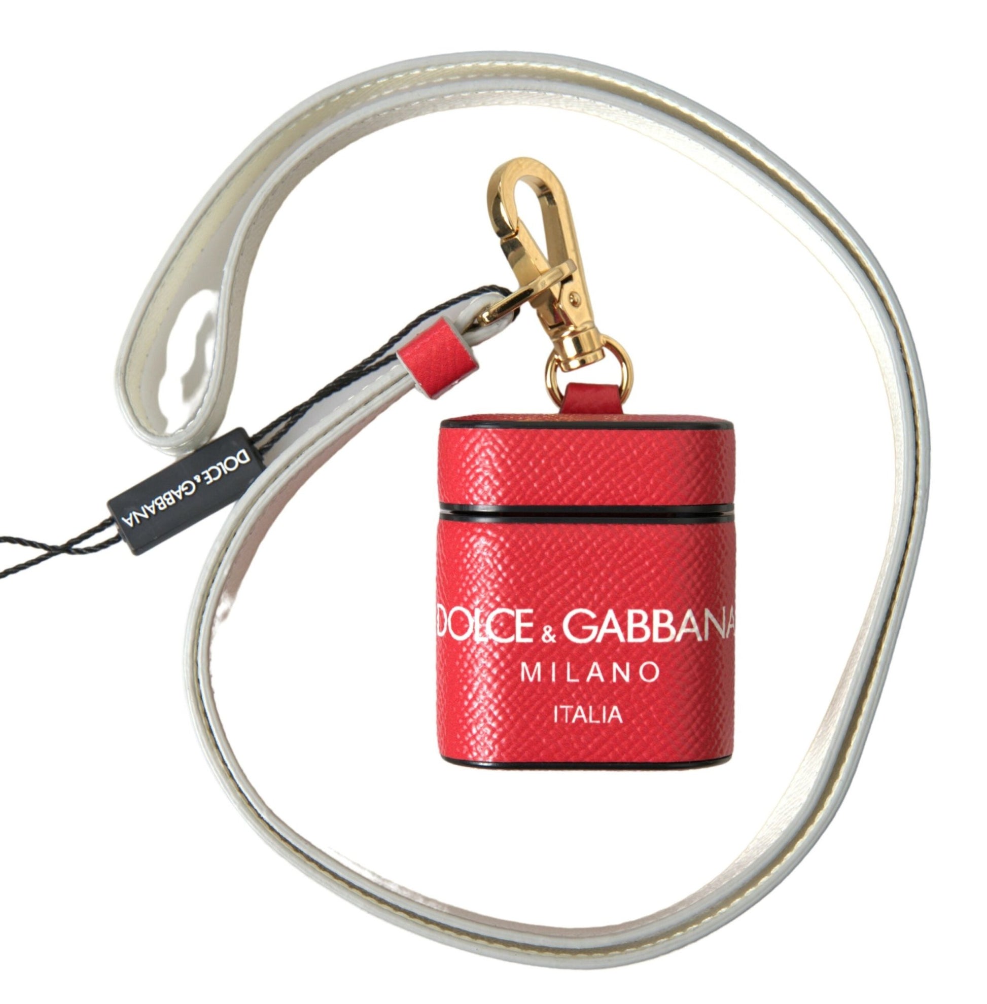 Dolce & Gabbana Red Leather Gold Tone Metal Logo Print Airpods Case – par Dolce & Gabbana | Disponible sur Sandy Store ByNet