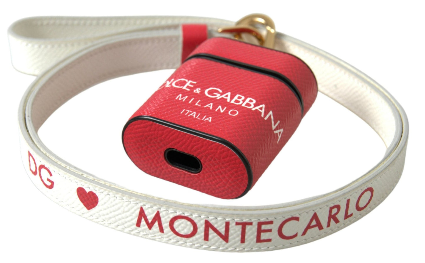 Dolce & Gabbana Red Leather Gold Tone Metal Logo Print Strap Airpods Case – par Dolce & Gabbana | Disponible sur Sandy Store ByNet
