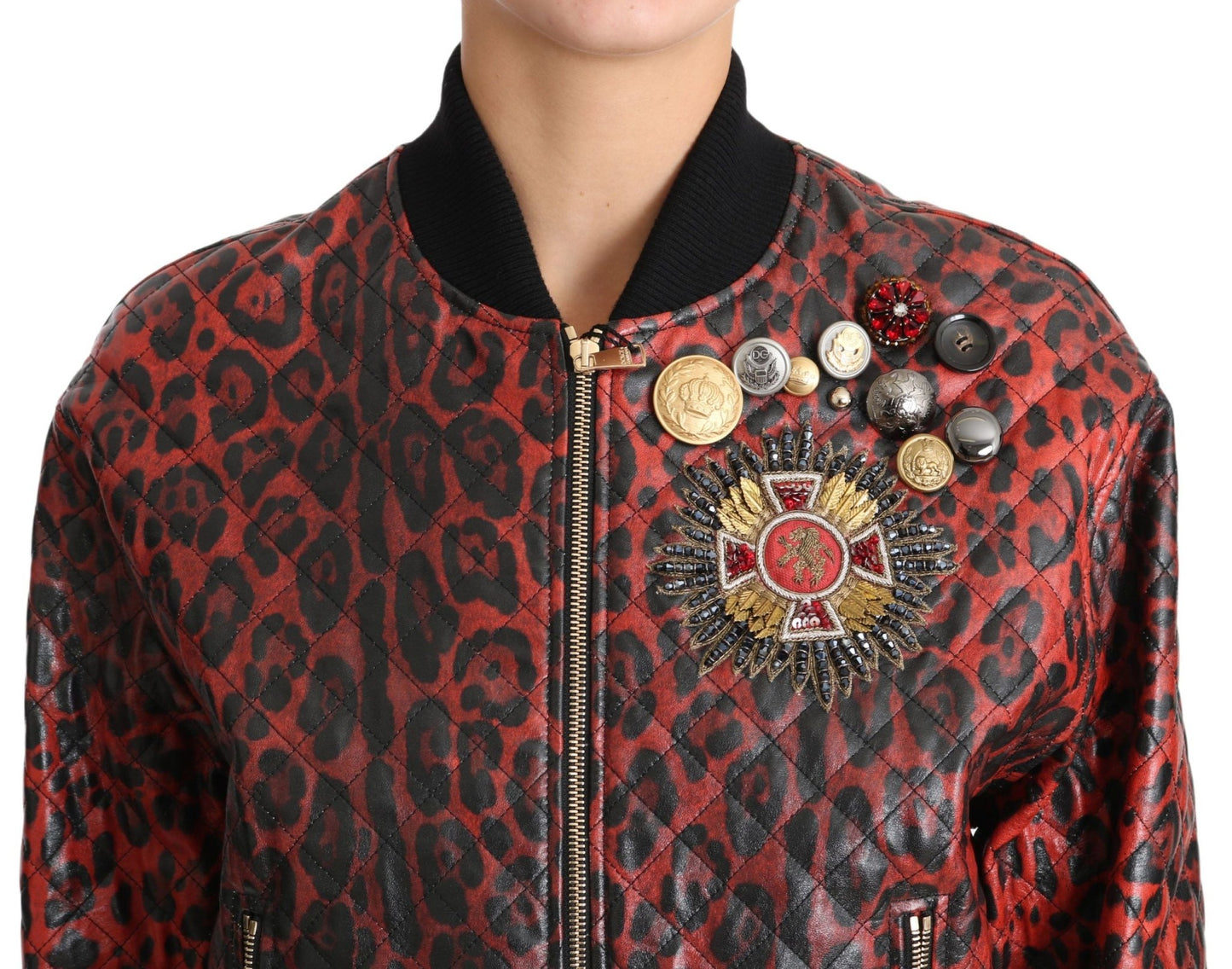 Dolce & Gabbana Red Leopard Bomber Leather Jacket with Crystal Buttons - Sandy Store ByNet
