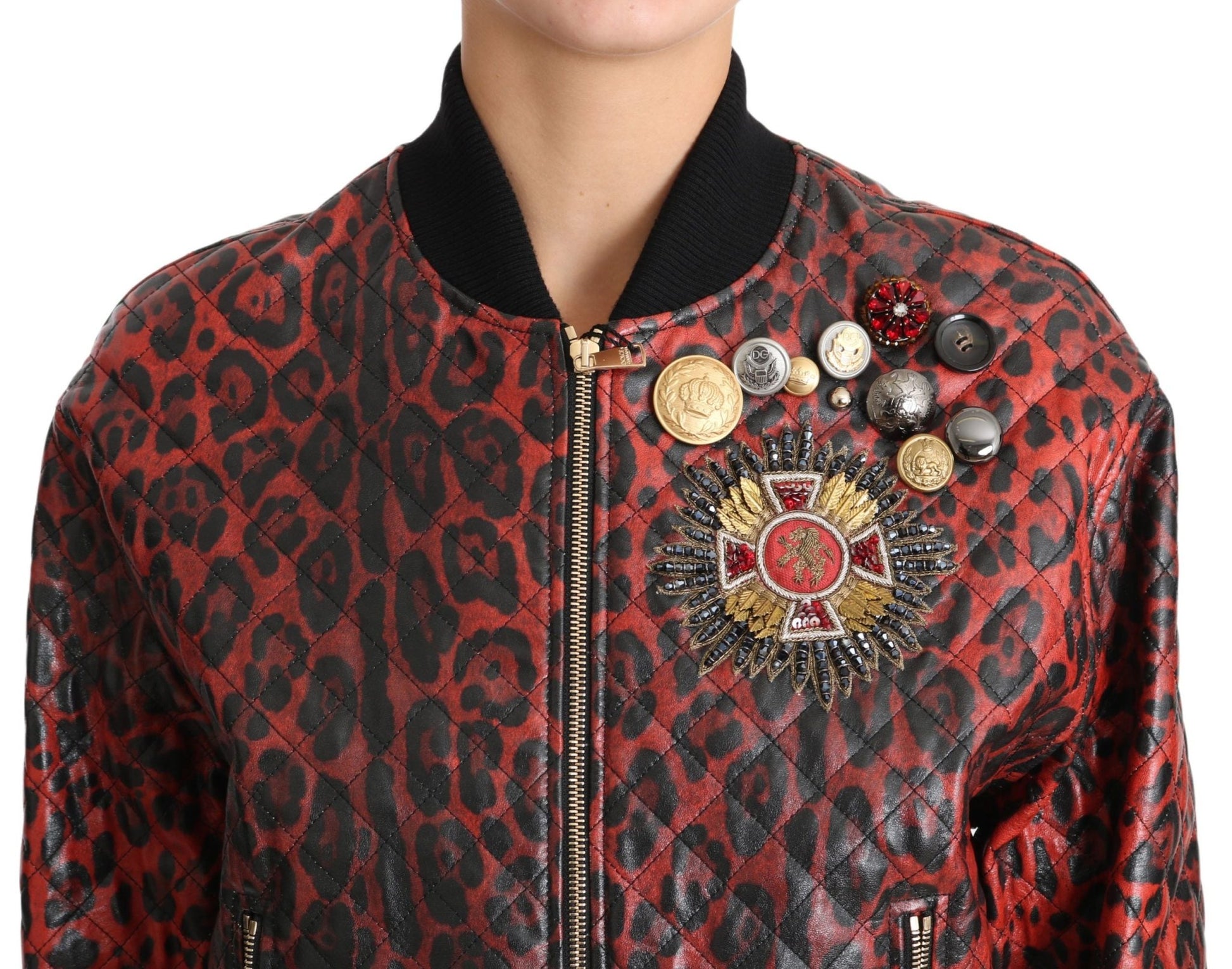 Dolce & Gabbana Red Leopard Bomber Leather Jacket with Crystal Buttons - Sandy Store ByNet