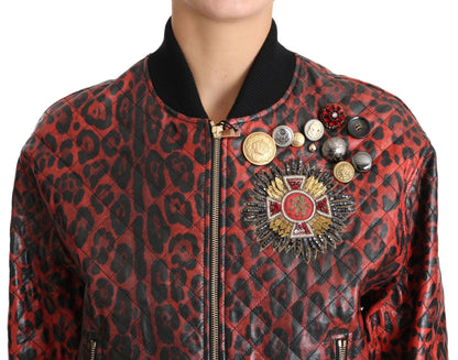 Dolce & Gabbana Red Leopard Bomber Leather Jacket with Crystal Buttons - Sandy Store ByNet