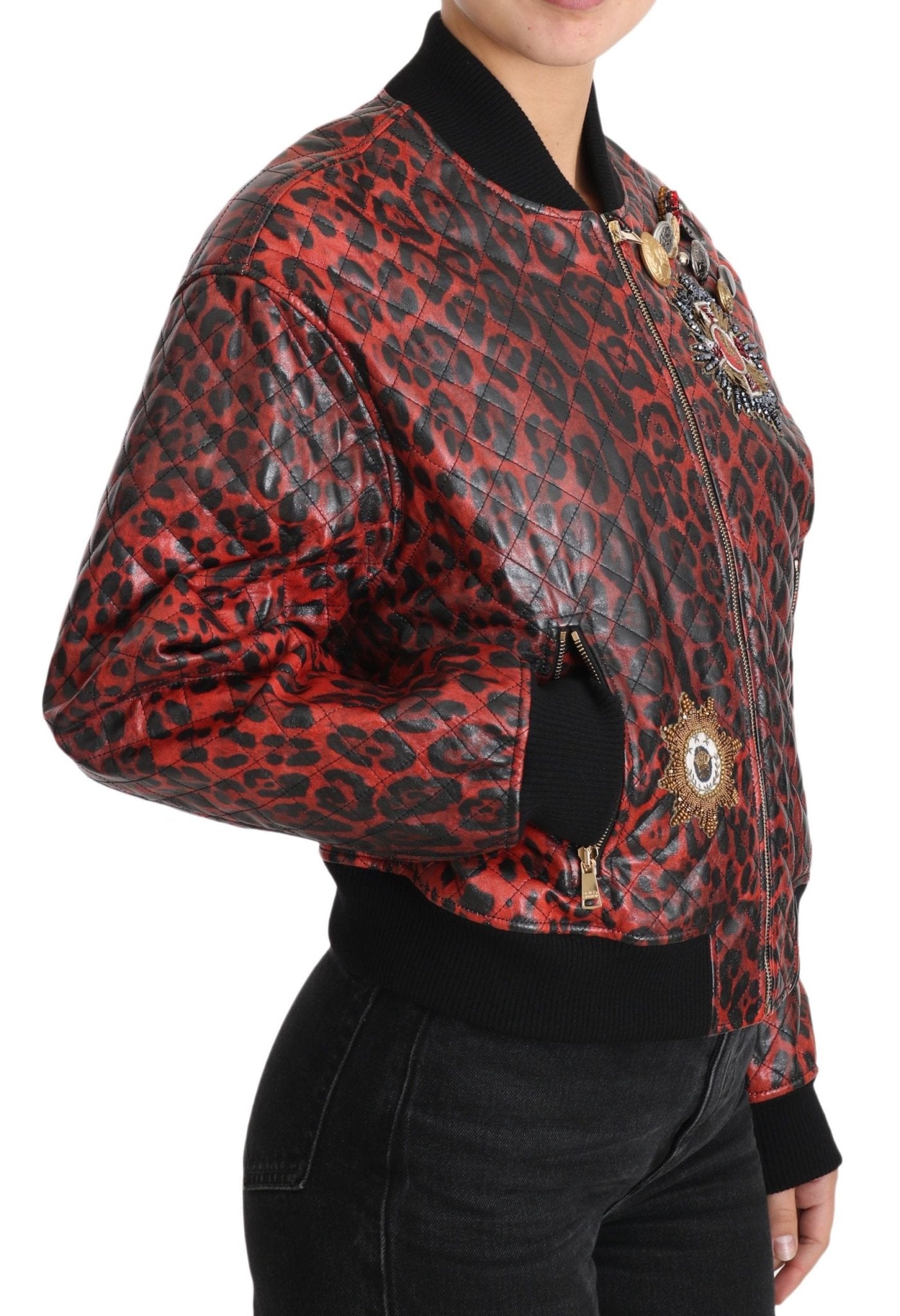 Dolce & Gabbana Red Leopard Bomber Leather Jacket with Crystal Buttons - Sandy Store ByNet