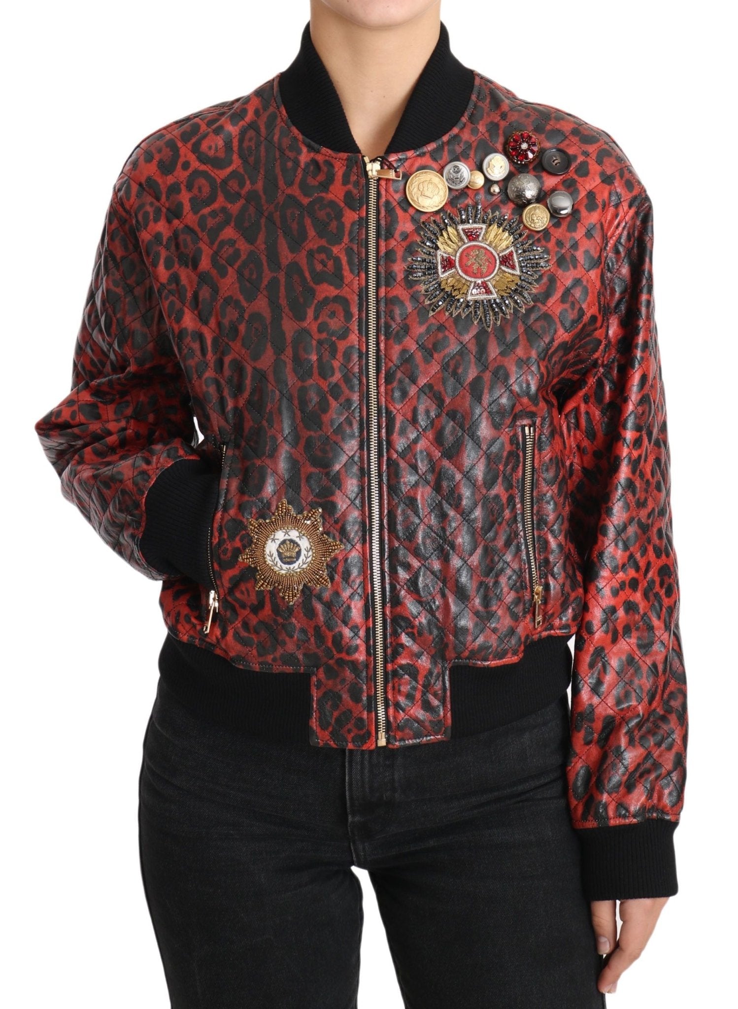 Dolce & Gabbana Red Leopard Bomber Leather Jacket with Crystal Buttons - Sandy Store ByNet