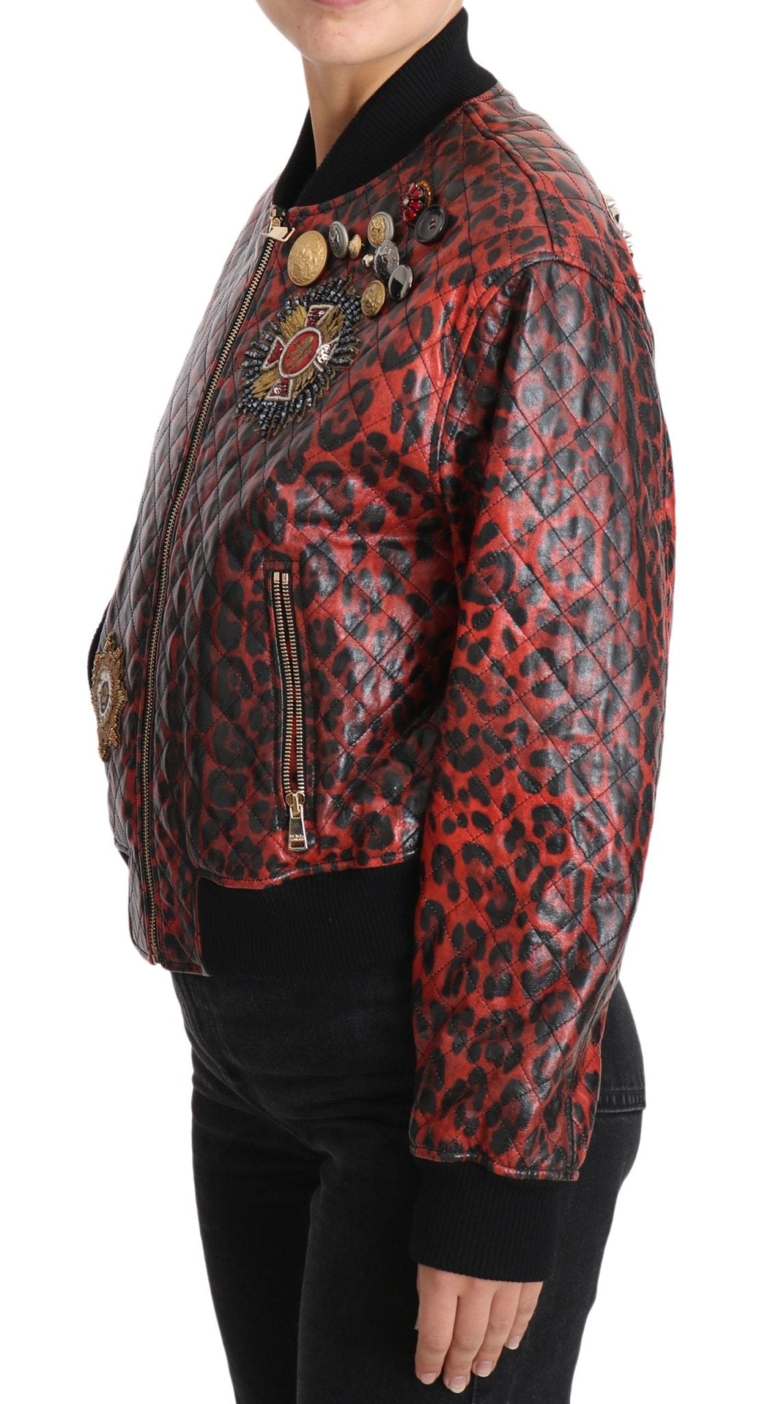 Dolce & Gabbana Red Leopard Bomber Leather Jacket with Crystal Buttons - Sandy Store ByNet