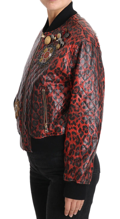 Dolce & Gabbana Red Leopard Bomber Leather Jacket with Crystal Buttons - Sandy Store ByNet