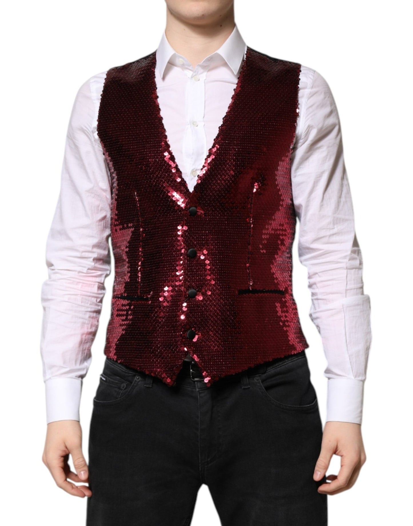 Dolce & Gabbana Red Sequined Dress Formal Men Waistcoat Vest – IT50 | L par Dolce & Gabbana | Disponible sur Sandy Store ByNet