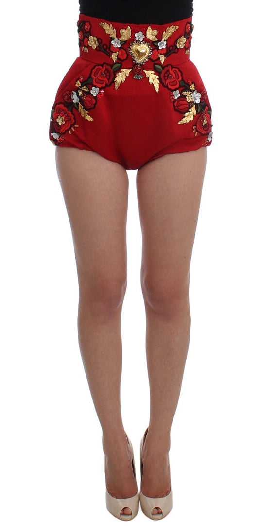 Dolce & Gabbana Red Silk Crystal - Embellished High Waist Shorts - Sandy Store ByNet