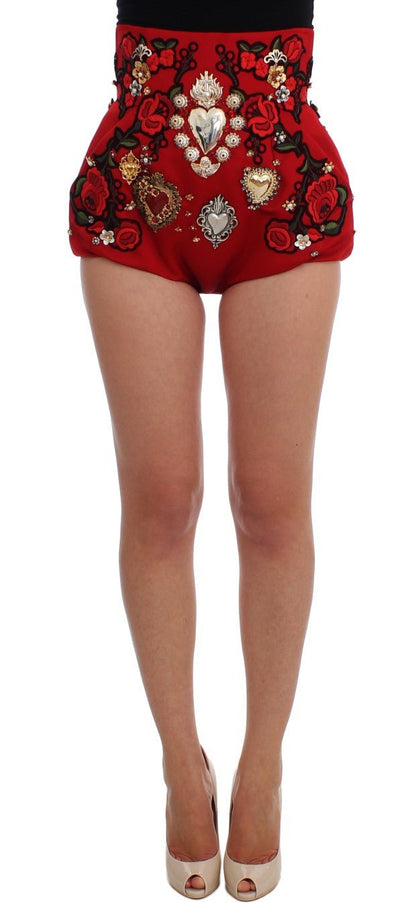 Dolce & Gabbana Red Silk Crystal - Embellished Mini Shorts - Sandy Store ByNet