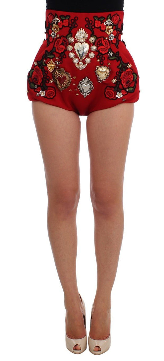 Dolce & Gabbana Red Silk Crystal - Embellished Mini Shorts - Sandy Store ByNet