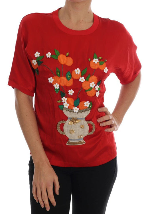 Dolce & Gabbana Red Silk Floral Embroidered Elegance Top - Sandy Store ByNet