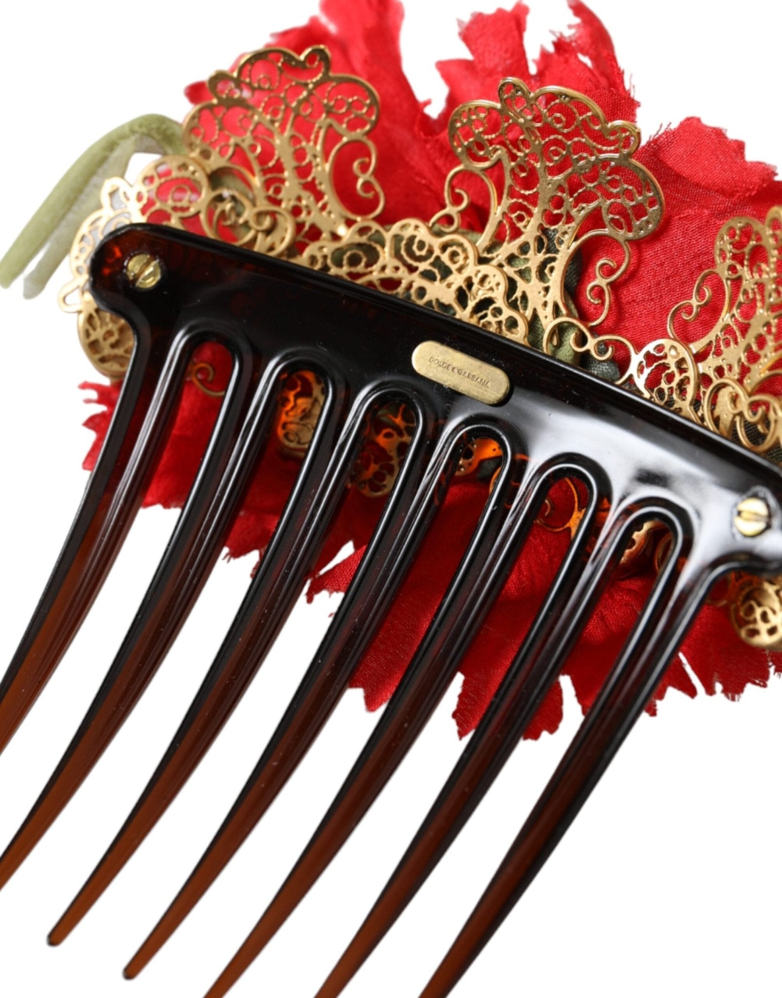 Dolce & Gabbana Red Silk Floral Gold Brass Women Hair Comb - Sandy Store ByNet