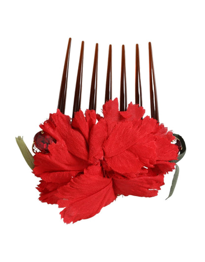 Dolce & Gabbana Red Silk Floral Gold Brass Women Hair Comb - Sandy Store ByNet
