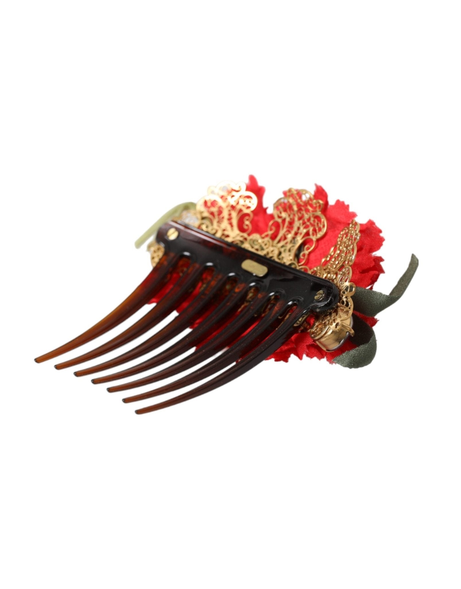 Dolce & Gabbana Red Silk Floral Gold Brass Women Hair Comb - Sandy Store ByNet