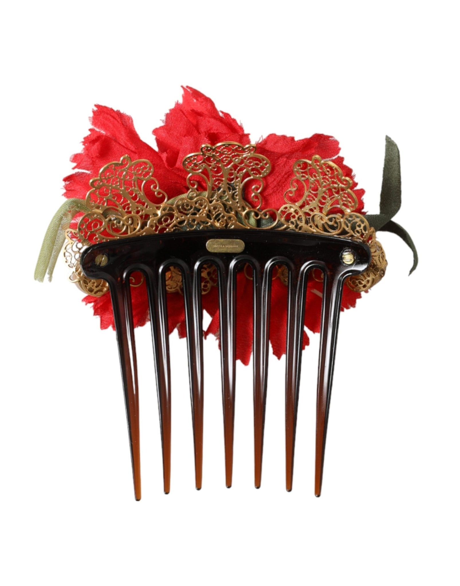 Dolce & Gabbana Red Silk Floral Gold Brass Women Hair Comb - Sandy Store ByNet