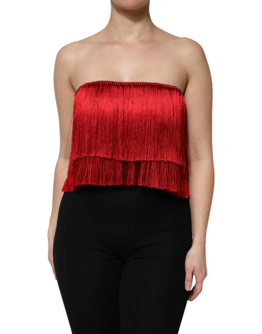 Dolce & Gabbana Red Silk Strapless Fringe Crop Tube Top – IT36|XXS par Dolce & Gabbana | Disponible sur Sandy Store ByNet
