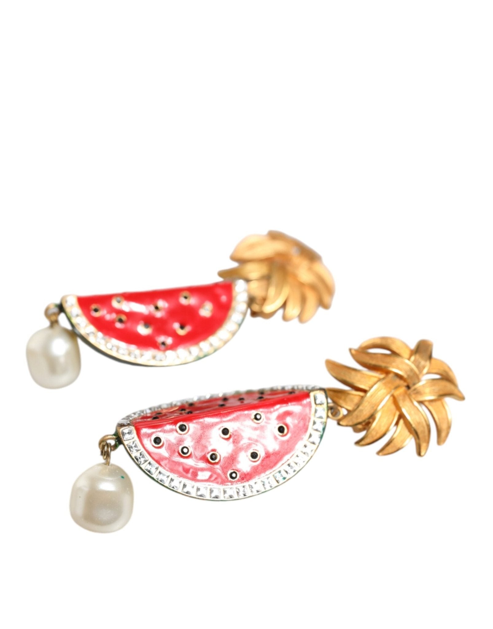 Dolce & Gabbana Red Watermelon Gold Brass Crystal Clip Dangling Earrings - Sandy Store ByNet