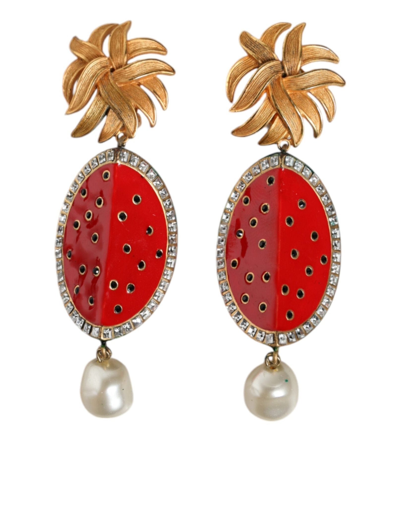 Dolce & Gabbana Red Watermelon Gold Brass Crystal Clip Dangling Earrings - Sandy Store ByNet