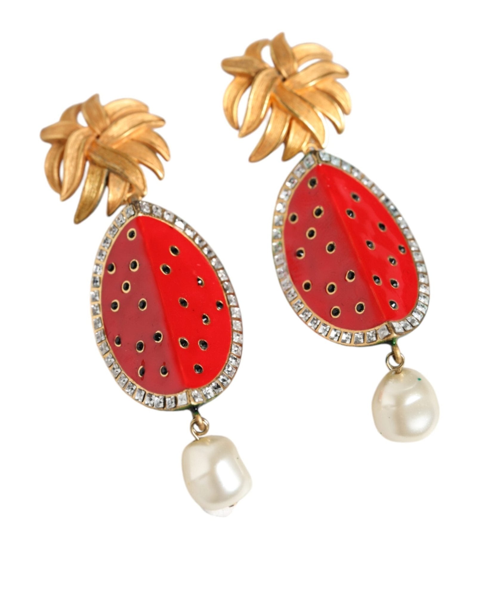Dolce & Gabbana Red Watermelon Gold Brass Crystal Clip Dangling Earrings - Sandy Store ByNet