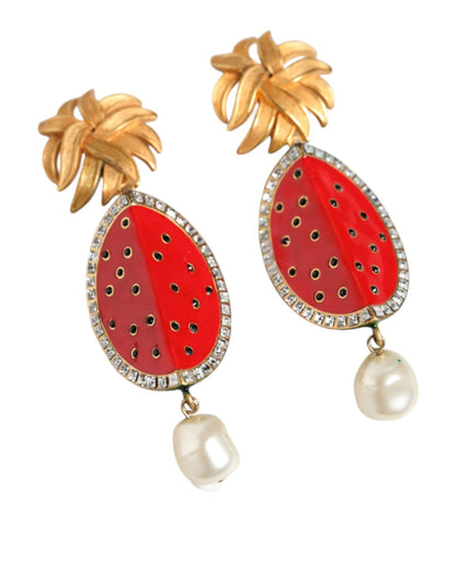 Dolce & Gabbana Red Watermelon Gold Brass Crystal Clip Dangling Earrings - Sandy Store ByNet