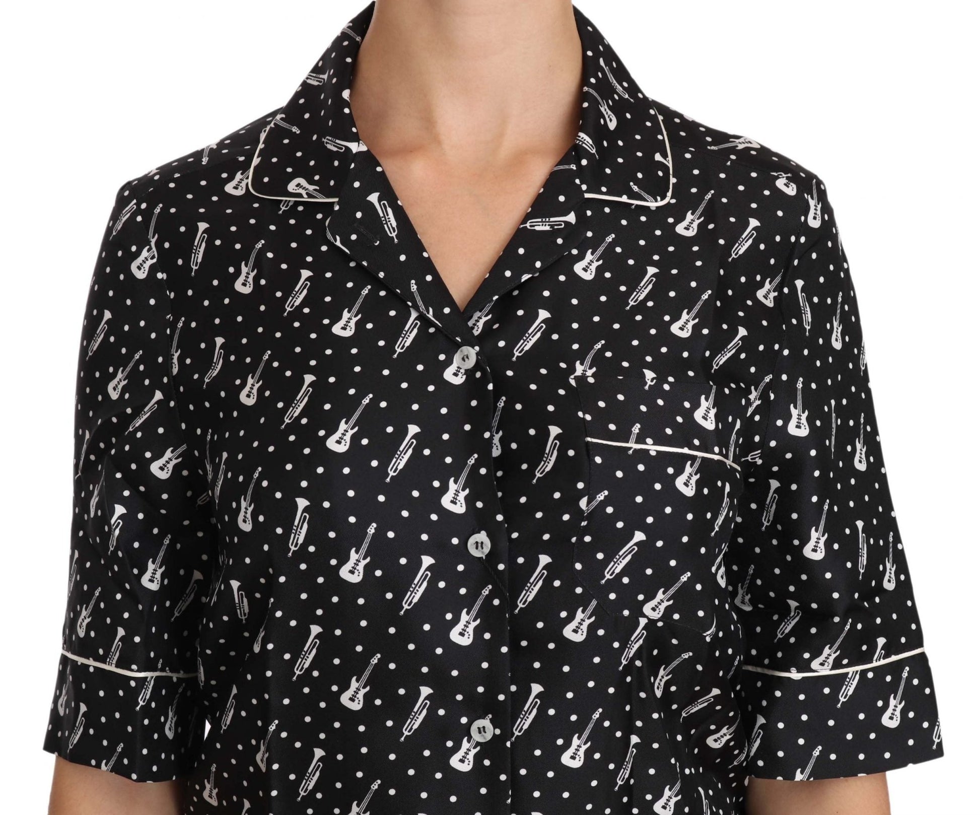 Dolce & Gabbana Silk Guitar Trumpet Print Polo Top - Sandy Store ByNet