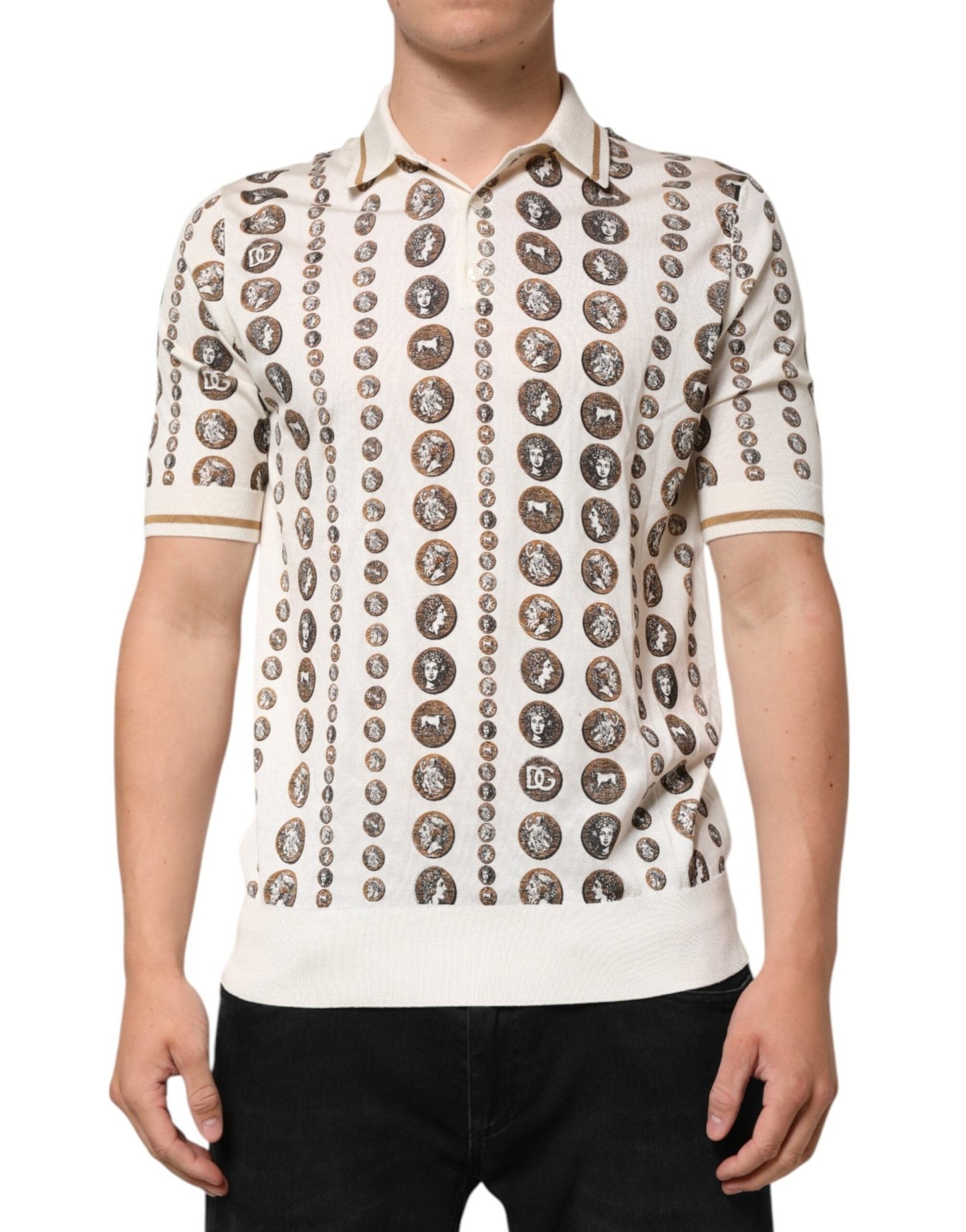 Dolce & Gabbana Silk Ivory Coin Print Logo Men Polo T-shirt – IT44 | XS par Dolce & Gabbana | Disponible sur Sandy Store ByNet