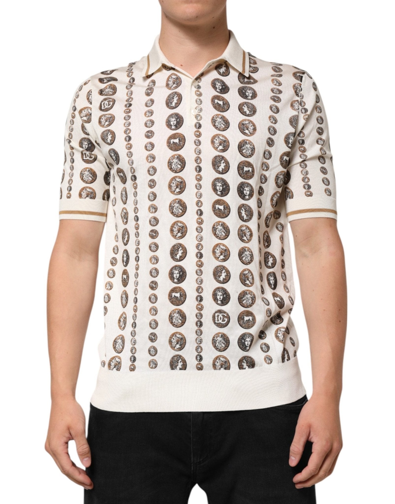 Dolce & Gabbana Silk Ivory Coin Print Logo Men Polo T-shirt – IT44 | XS par Dolce & Gabbana | Disponible sur Sandy Store ByNet