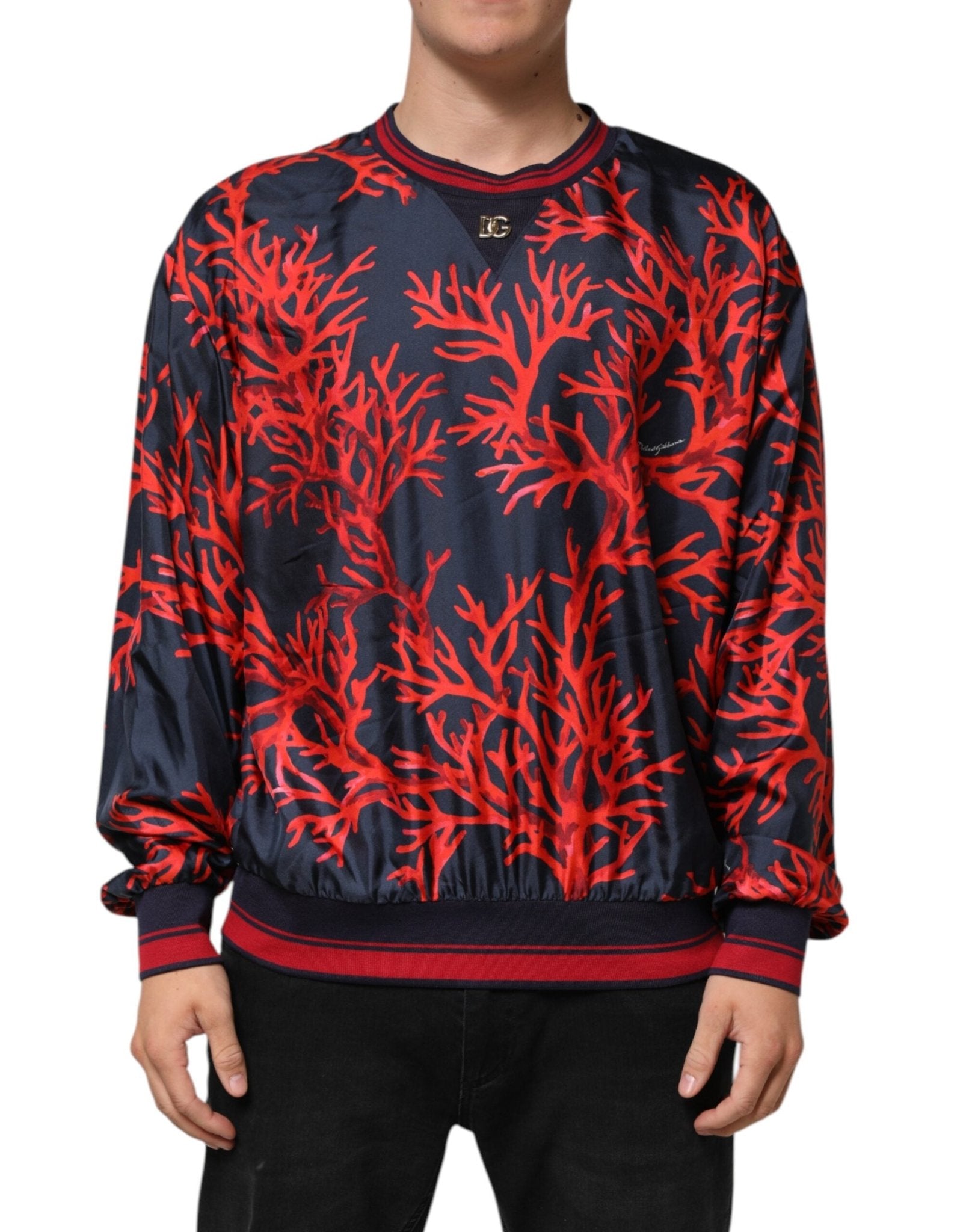 Dolce & Gabbana Silk Navy Red Coral Print Pullover Sweater – IT52 | XL par Dolce & Gabbana | Disponible sur Sandy Store ByNet