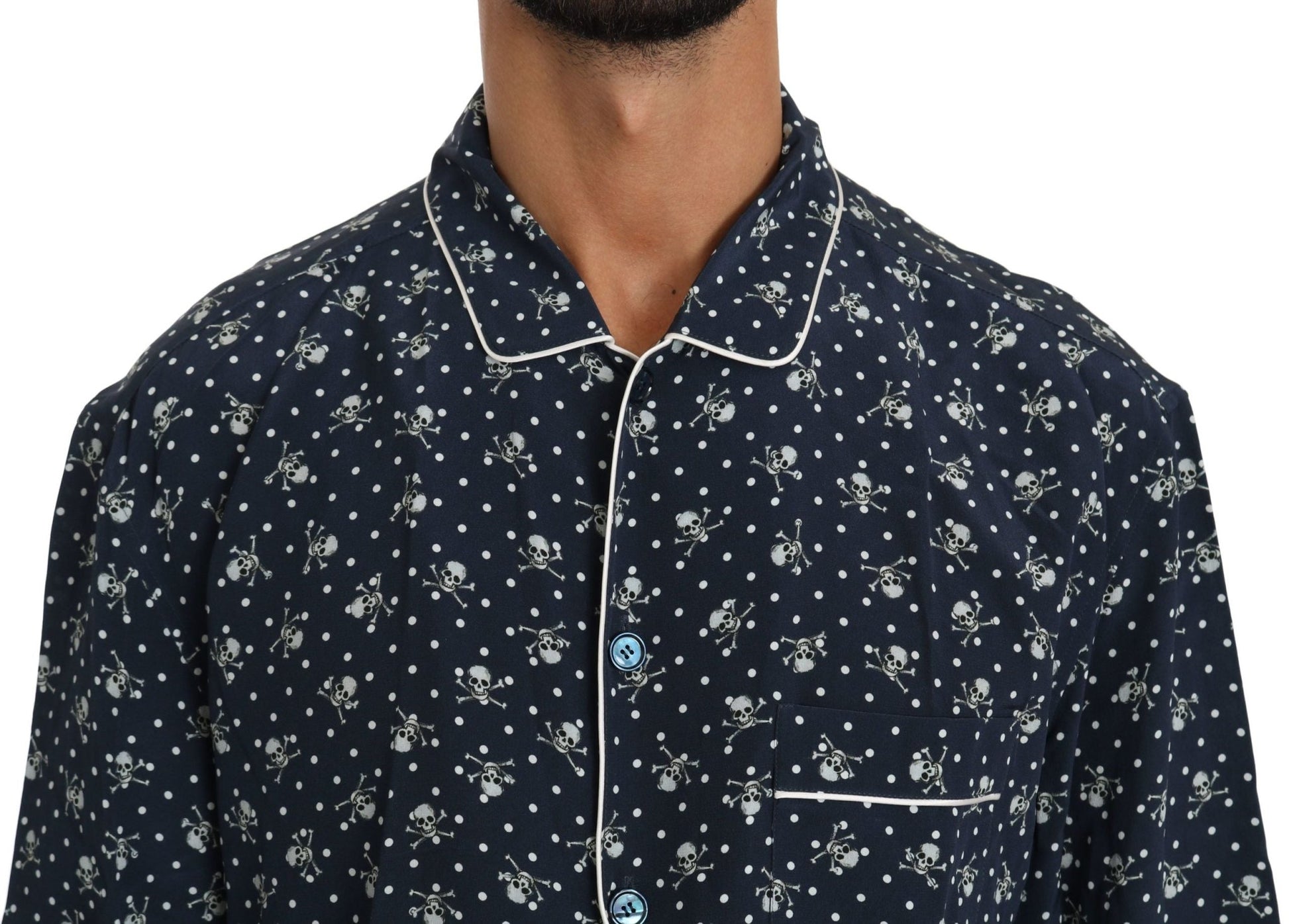 Dolce & Gabbana Silken Elegance: Blue Skull Print Lounge Shirt - Sandy Store ByNet