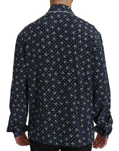 Dolce & Gabbana Silken Elegance: Blue Skull Print Lounge Shirt - Sandy Store ByNet