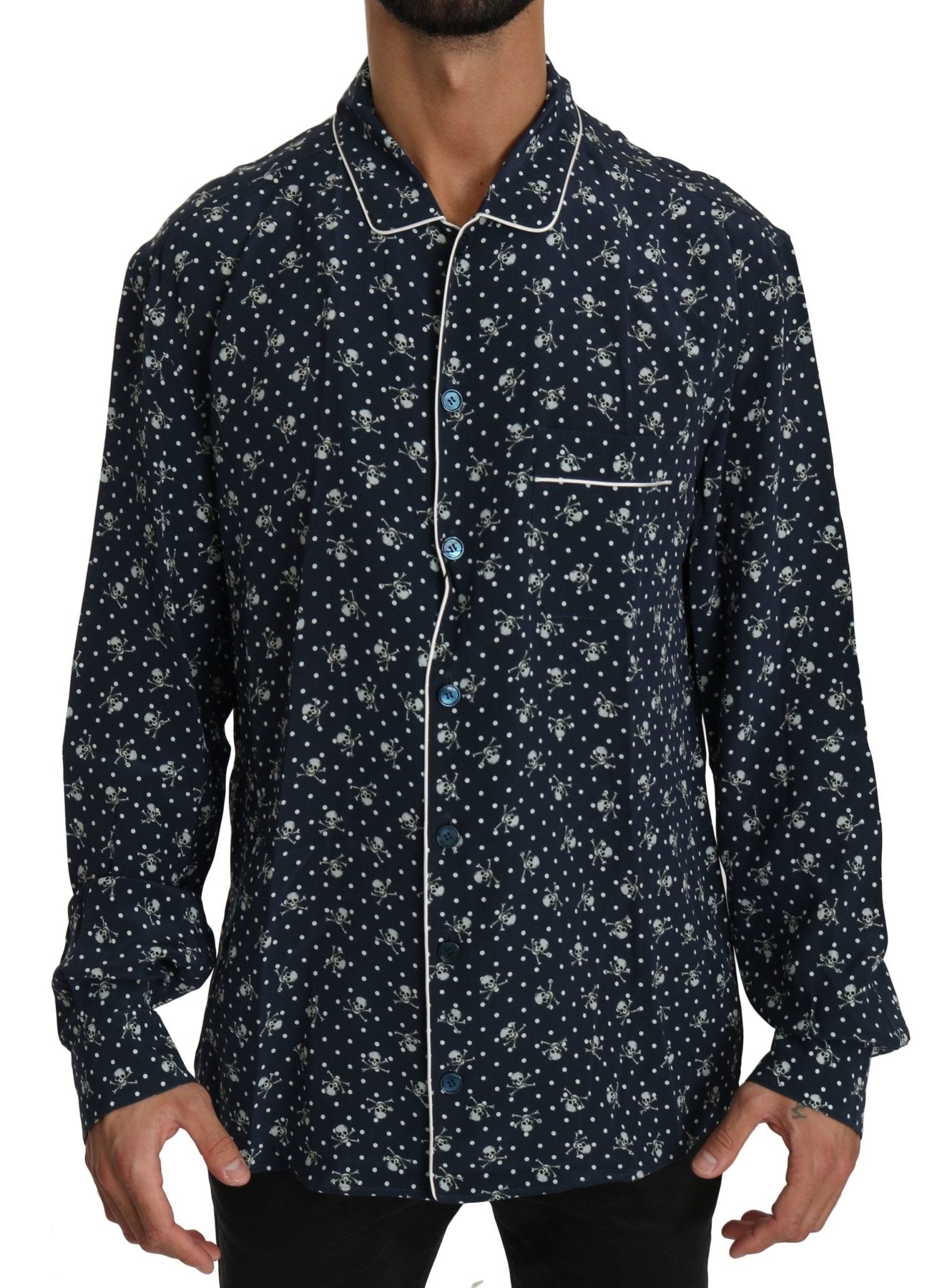 Dolce & Gabbana Silken Elegance: Blue Skull Print Lounge Shirt - Sandy Store ByNet