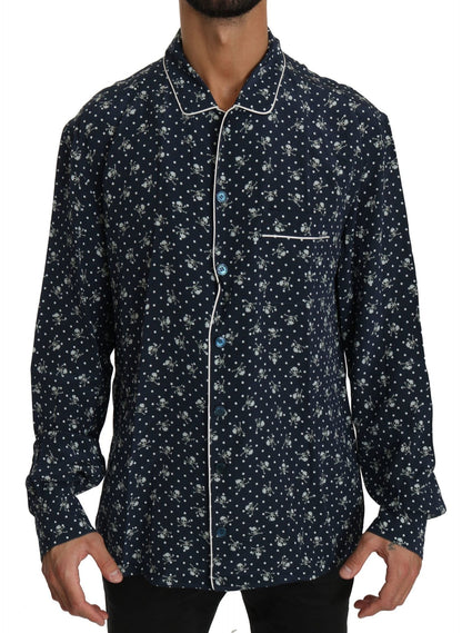 Dolce & Gabbana Silken Elegance: Blue Skull Print Lounge Shirt - Sandy Store ByNet