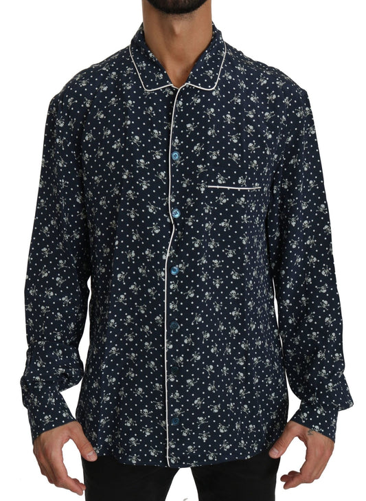 Dolce & Gabbana Silken Elegance: Blue Skull Print Lounge Shirt - Sandy Store ByNet