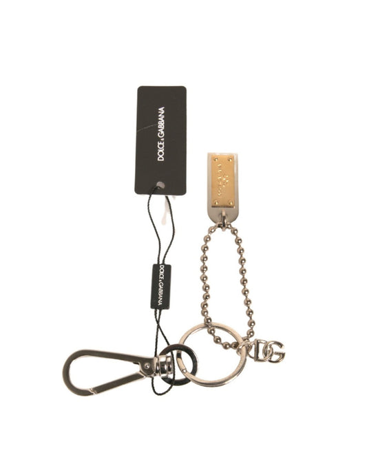 Dolce & Gabbana Silver Brass Chain Beaded Logo Plaque Keychain Keyring - Sandy Store ByNet