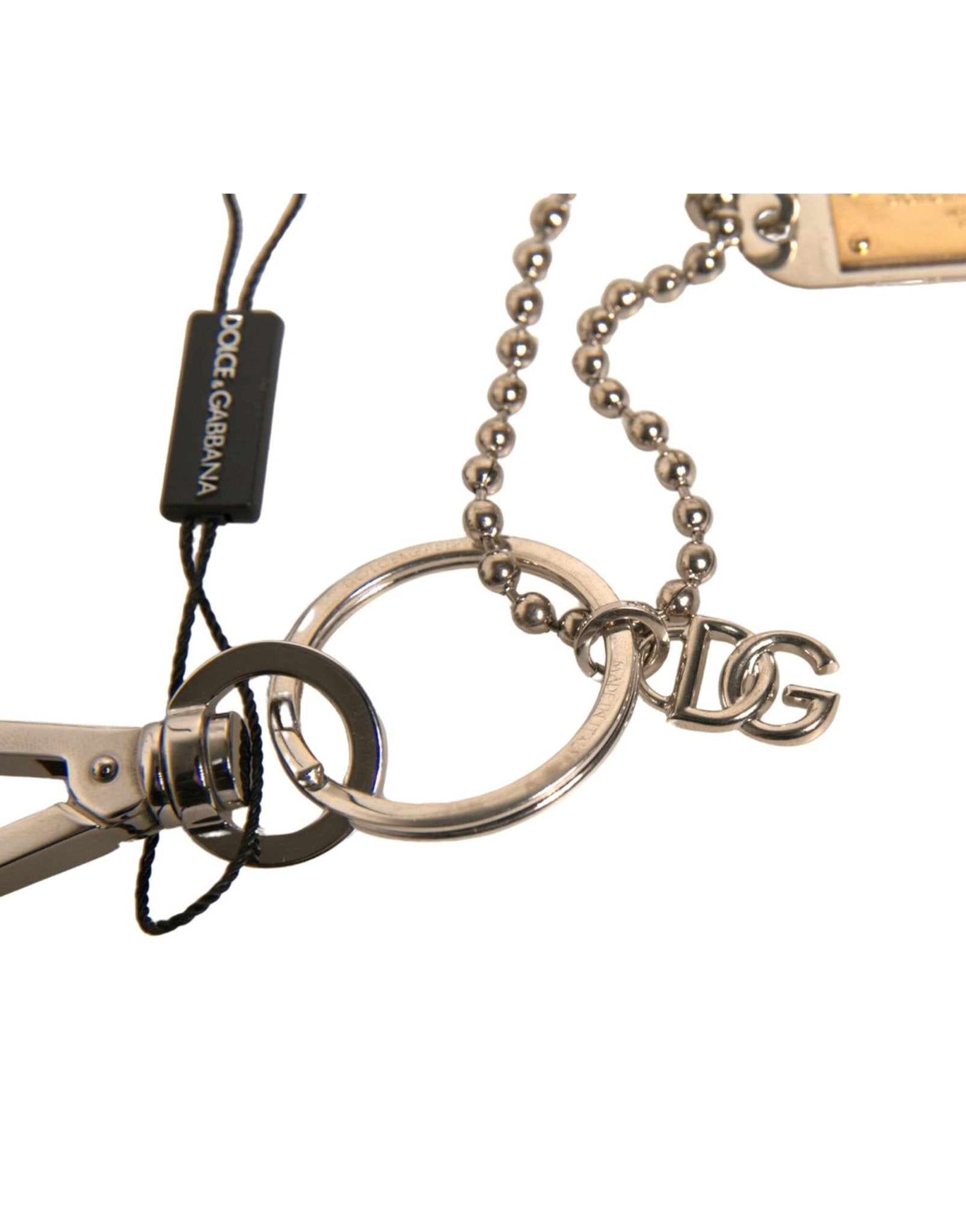 Dolce & Gabbana Silver Brass Chain Beaded Logo Plaque Keychain Keyring - Sandy Store ByNet