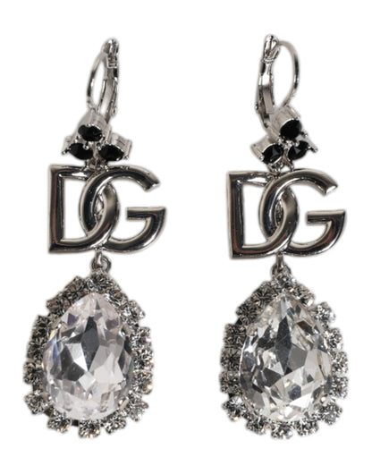 Dolce & Gabbana Silver Brass Crystal Teardrop DG Logo Clip On Earrings - Sandy Store ByNet