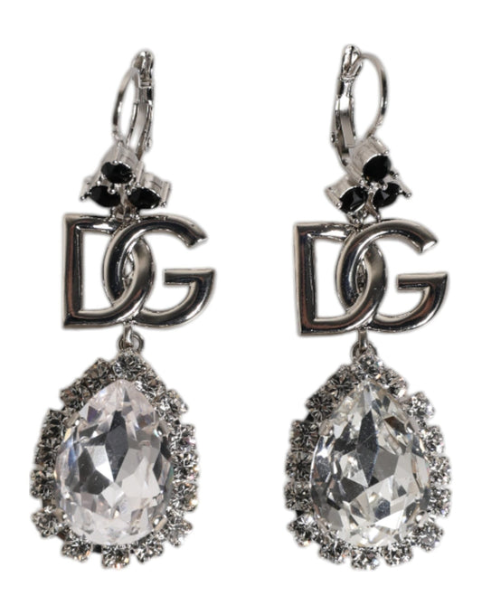 Dolce & Gabbana Silver Brass Crystal Teardrop DG Logo Clip On Earrings - Sandy Store ByNet