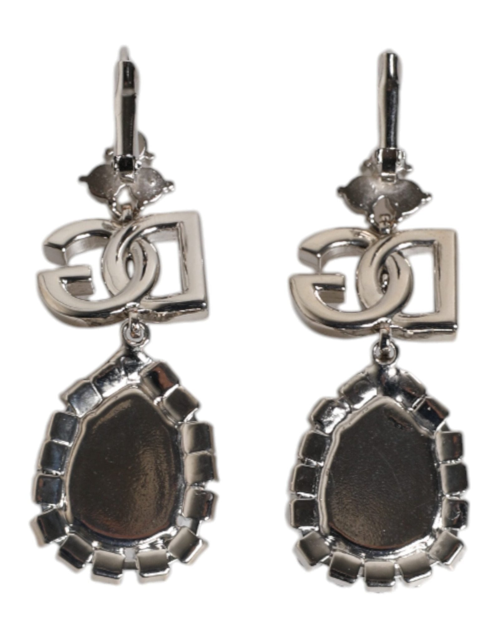 Dolce & Gabbana Silver Brass Crystal Teardrop DG Logo Clip On Earrings - Sandy Store ByNet
