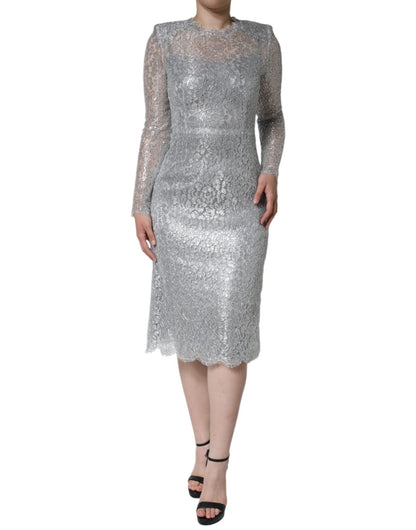 Dolce & Gabbana Silver Floral Lace Bodycon Sheath Midi Dress - Sandy Store ByNet