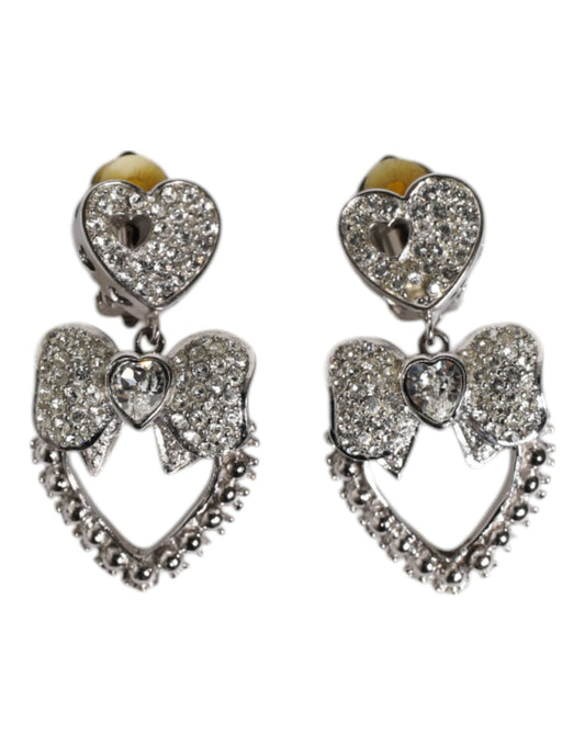 Dolce & Gabbana Silver Heart Bow Rhinestones Dangle Clip - On Earrings - Sandy Store ByNet
