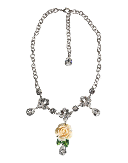 Dolce & Gabbana Silver Tone Brass Clear Crystal Roses Pendants Necklace - Sandy Store ByNet