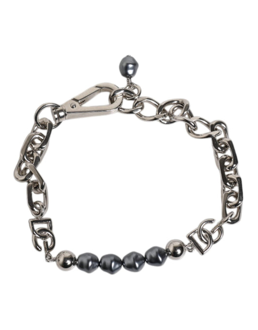 Dolce & Gabbana Silver Tone Chain Lobster Clasp Logo Gray Pearls Bracelet - Sandy Store ByNet