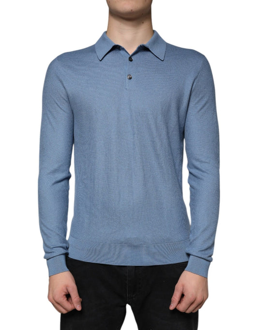 Dolce & Gabbana Sky Blue Silk Collared Men Pullover Sweater - Sandy Store ByNet