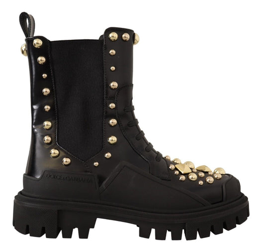 Dolce & Gabbana Studded Leather Combat Boots with Embroidery - Sandy Store ByNet