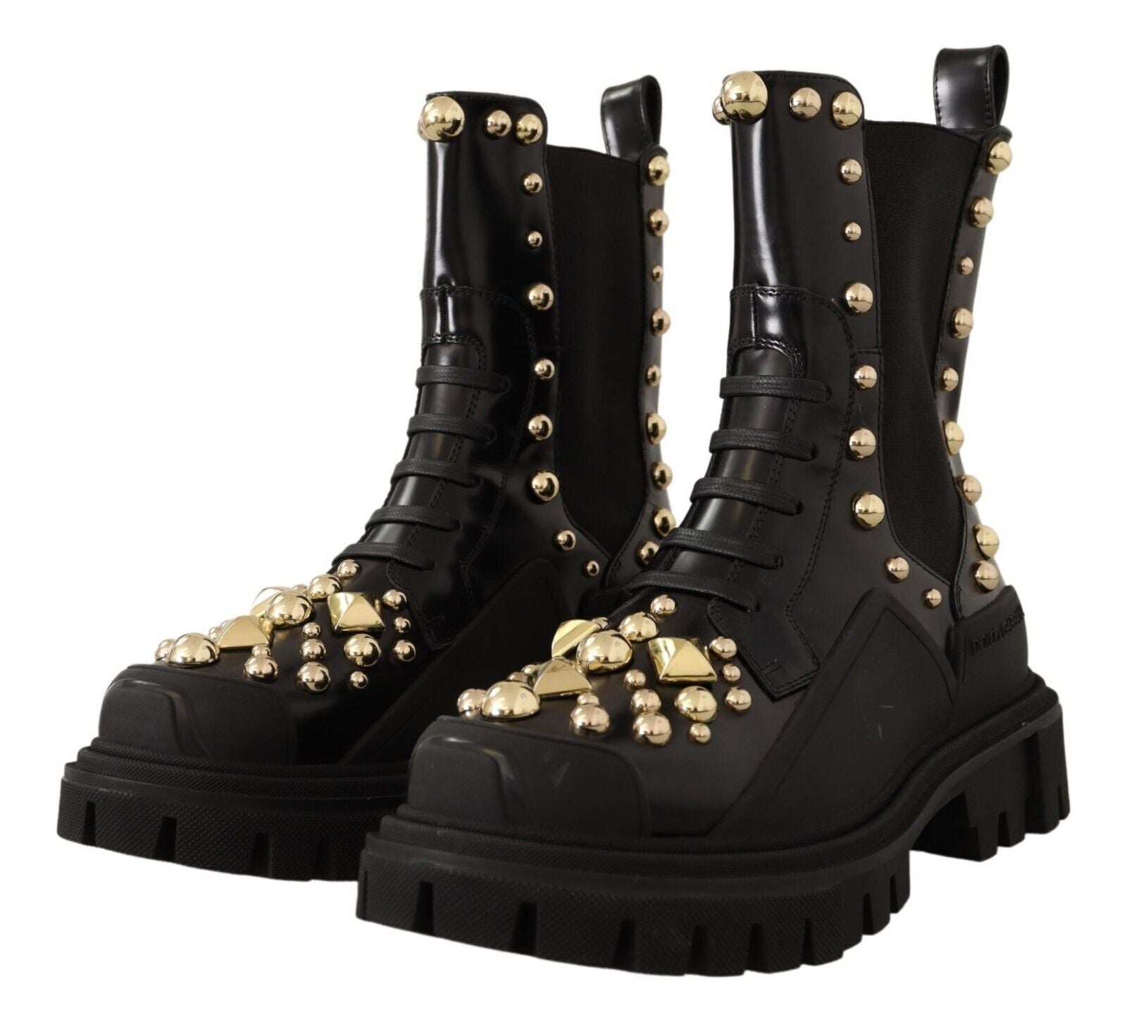 Dolce & Gabbana Studded Leather Combat Boots with Embroidery - Sandy Store ByNet