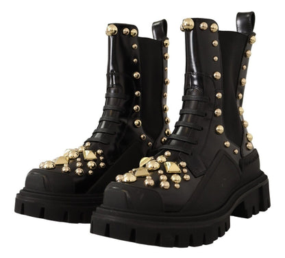 Dolce & Gabbana Studded Leather Combat Boots with Embroidery - Sandy Store ByNet