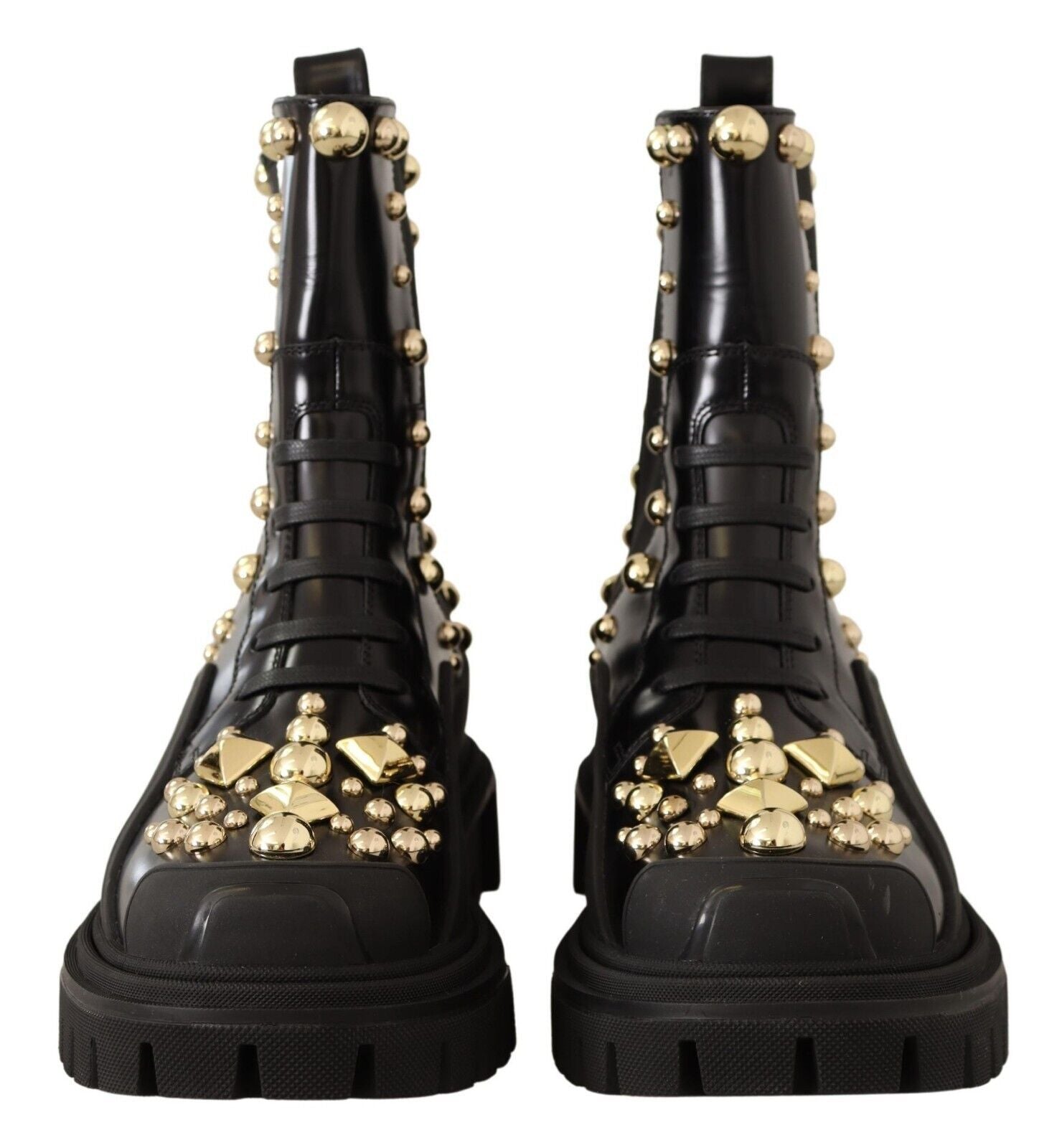 Dolce & Gabbana Studded Leather Combat Boots with Embroidery - Sandy Store ByNet