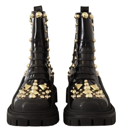 Dolce & Gabbana Studded Leather Combat Boots with Embroidery - Sandy Store ByNet