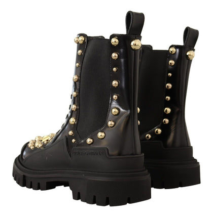 Dolce & Gabbana Studded Leather Combat Boots with Embroidery - Sandy Store ByNet