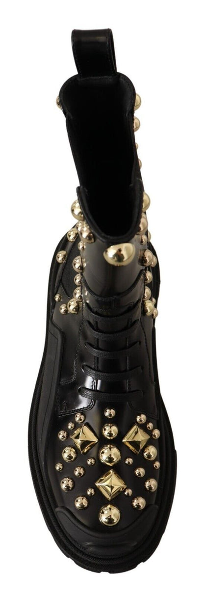 Dolce & Gabbana Studded Leather Combat Boots with Embroidery - Sandy Store ByNet