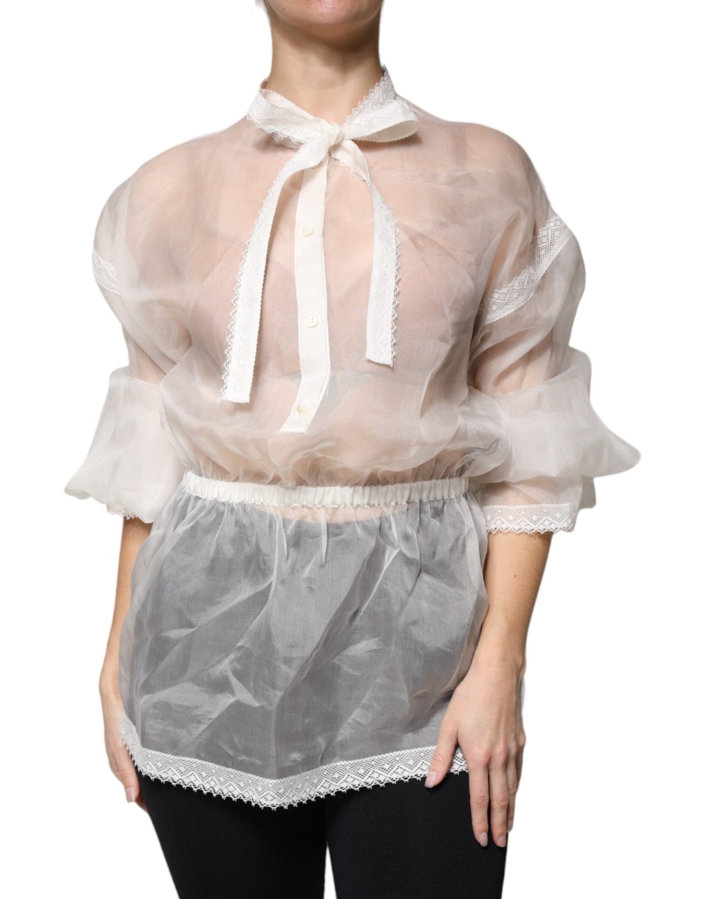 Dolce & Gabbana White Ascot Collar Long Sleeves Blouse Top – IT42|M par Dolce & Gabbana | Disponible sur Sandy Store ByNet